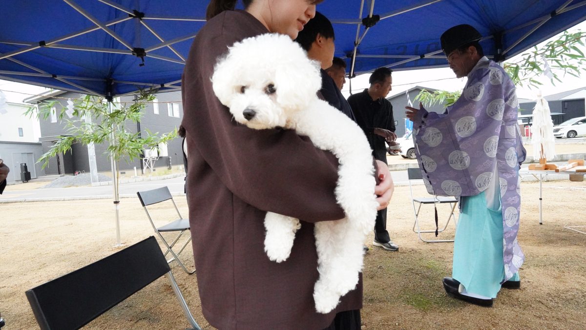 Y様に抱かれて地鎮祭に参加する白い愛犬